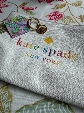 kate spade Pride white Leather Envelope clutch Rainbow Logo and Gold Accent